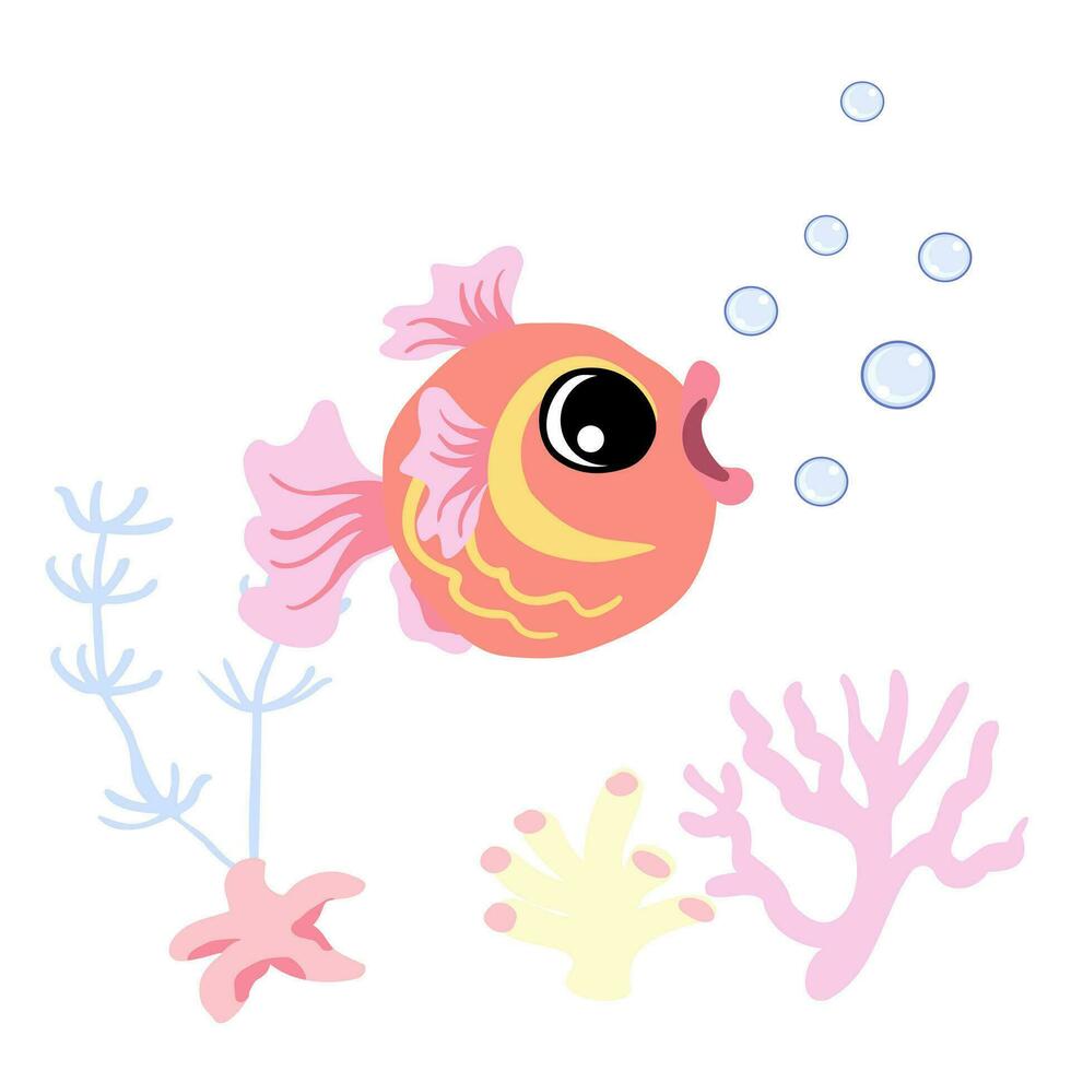 Cute Goldfish with bubbles, starfish and clam, coral underwater, marine life vector