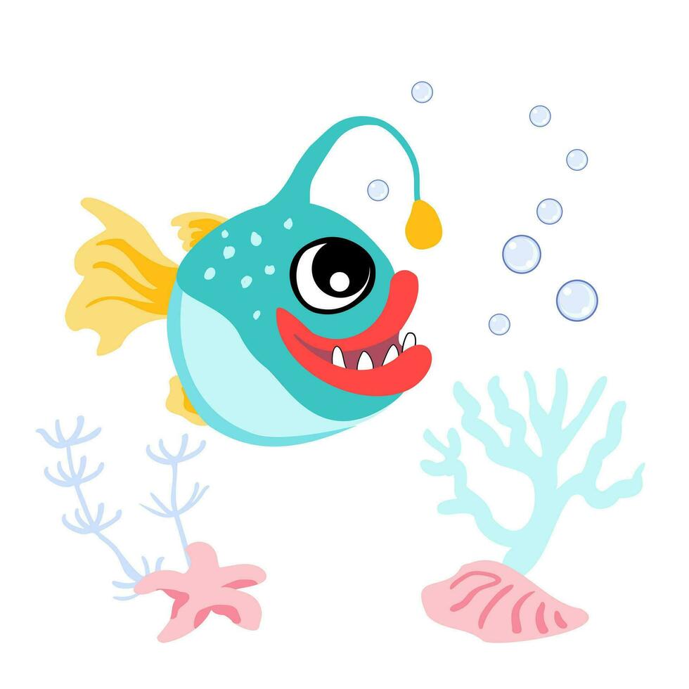 Cute anglerfish with bubbles, starfish and shellfish underwater. vector