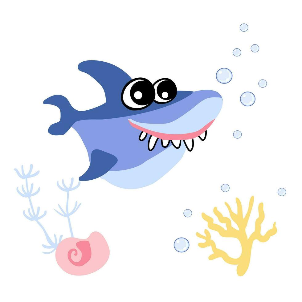 linda tiburón con burbujas, cáscara y algas marinas submarino. vector de marina vida personaje