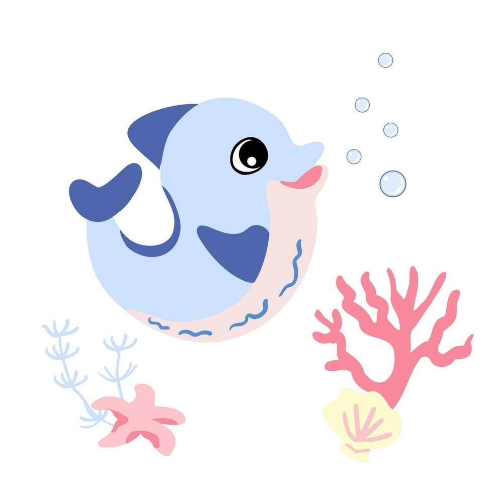 Cute dolphin with bubbles, starfish and shellfish, coral in underwater. vector