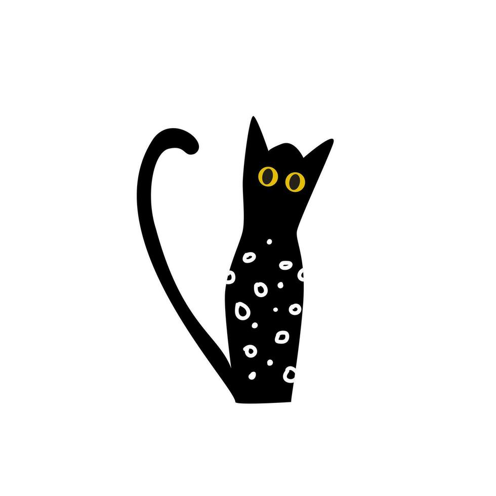 Black cat with circles texture. Cute sticker. Isolated vector