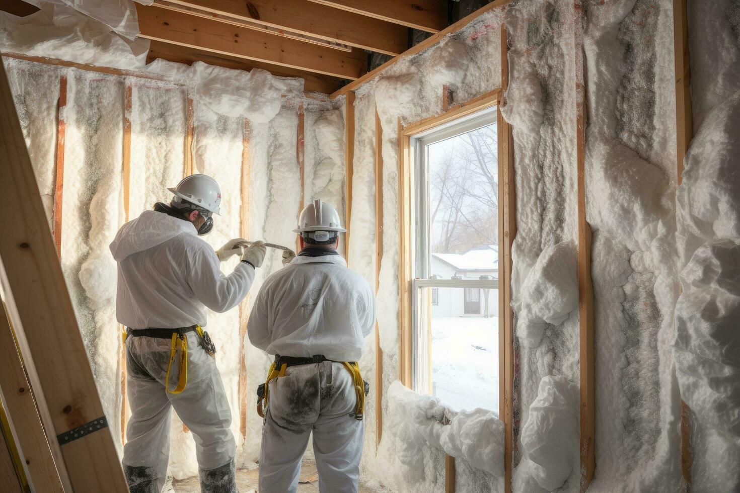 AI generated Worker in white overalls and helmet works on the insulation of the walls of the house, A construction crew installing insulation in the walls of a residential property, AI Generated photo