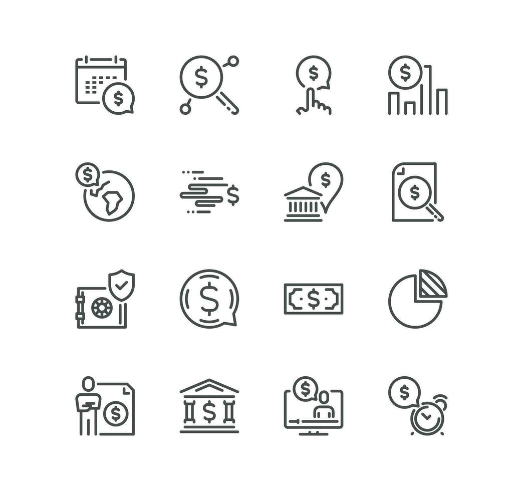 Set of banking and finance icons, financial report, mortgage inspection, bank safe, money saving and linear variety vectors. vector