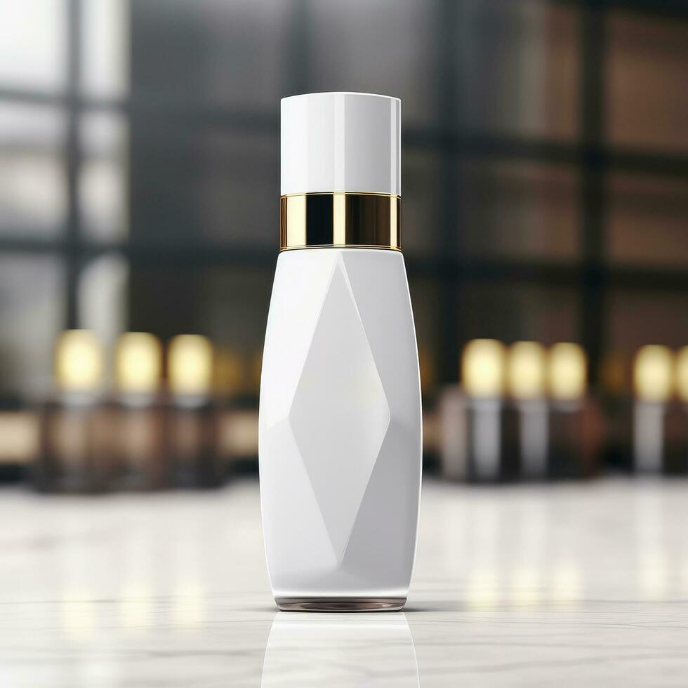 AI generated cosmetic bottle with blank front, realistic on a mockup template in a table photo