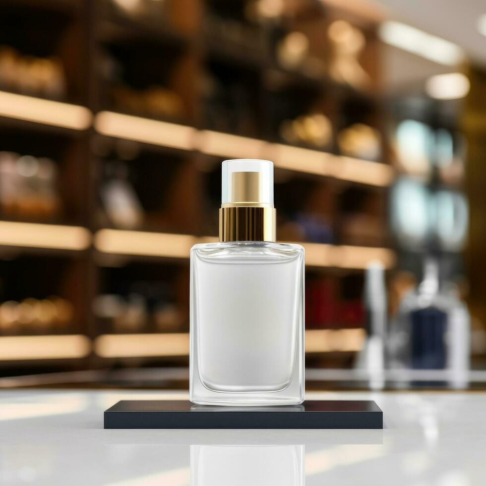 AI generated cosmetic bottle with blank front, realistic on a mockup template in a table photo