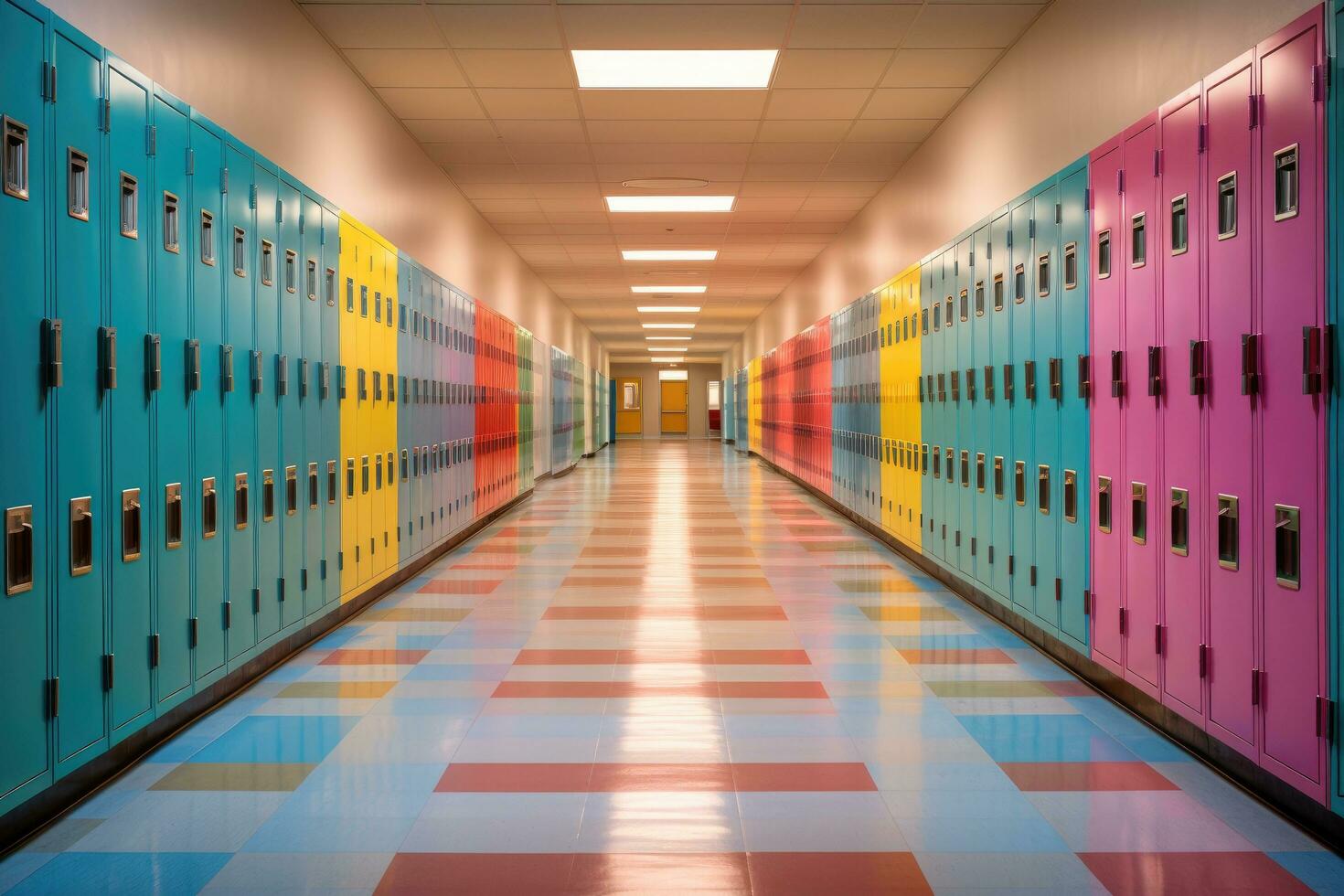 AI generated 3d render of a school corridor with lockers in blue and pink, A colorful school hallway with lockers captured at dawn before school starts, AI Generated photo