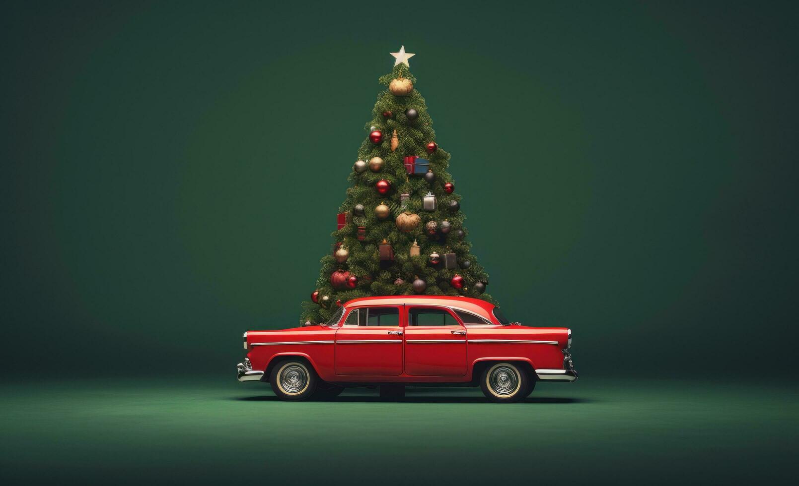 AI generated christmas tree on the top of a red car, photo