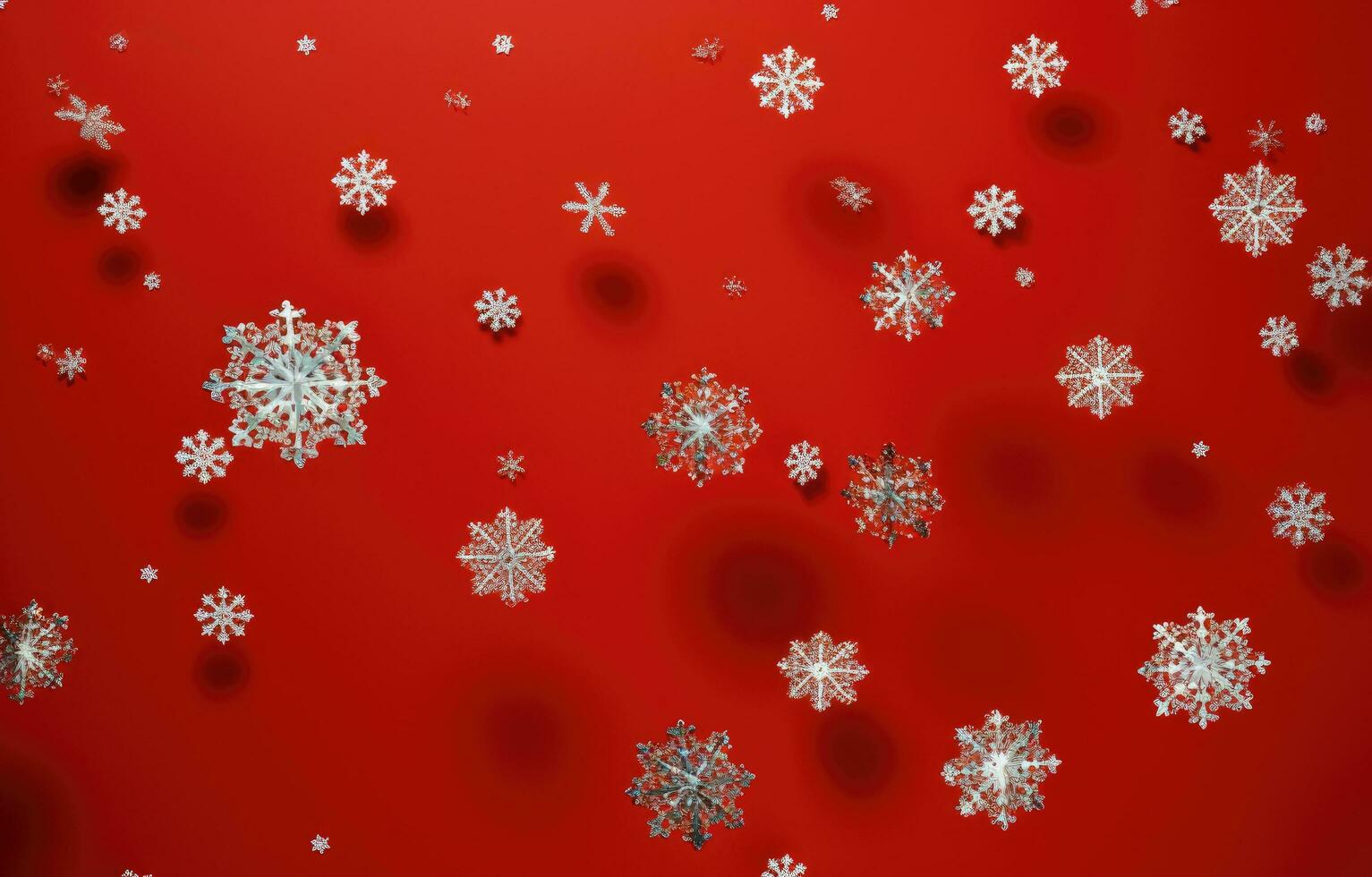 AI generated christmas snowflakes falling in red background with white snowflakes falling, photo