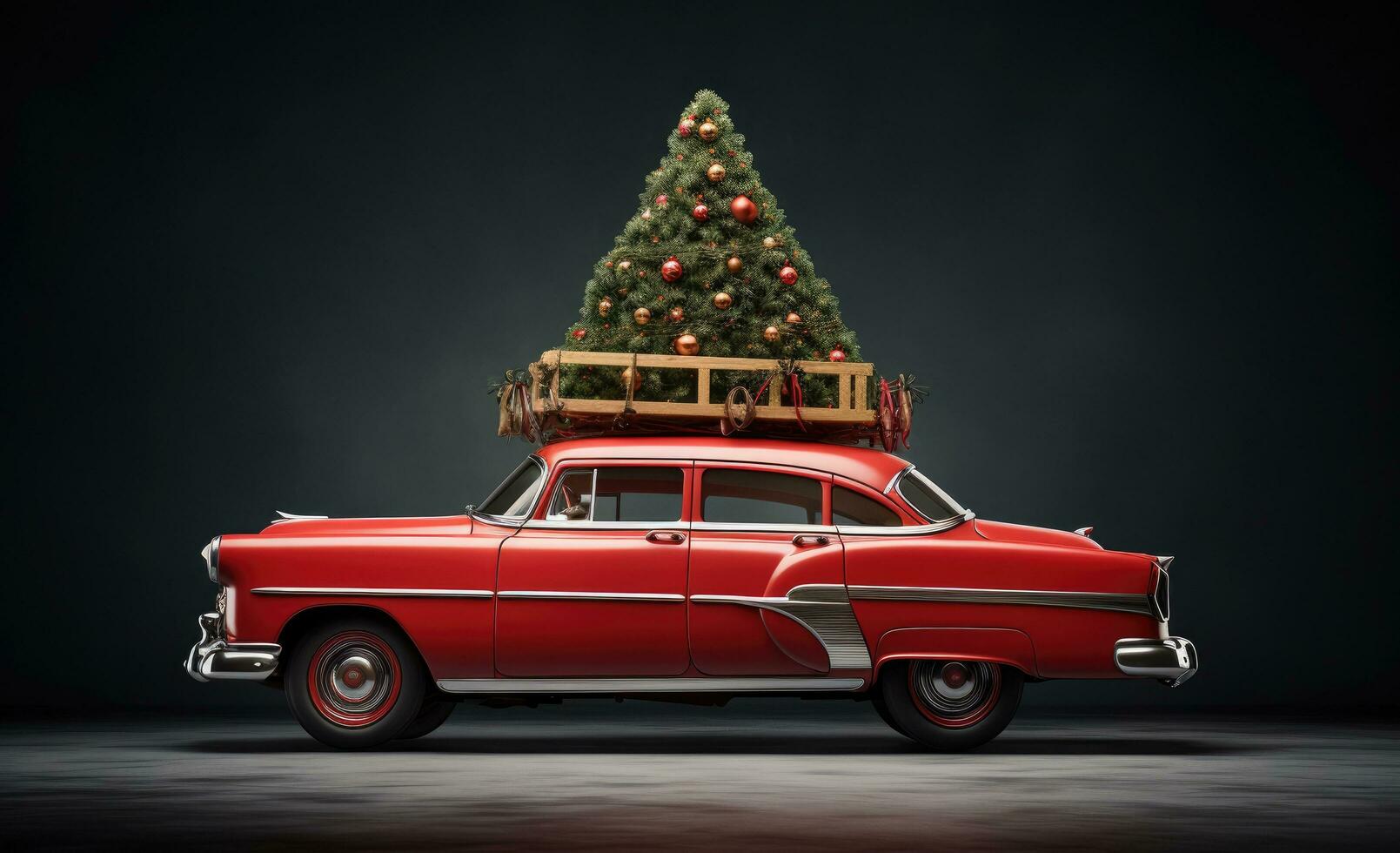 AI generated christmas tree on the top of a red car, photo