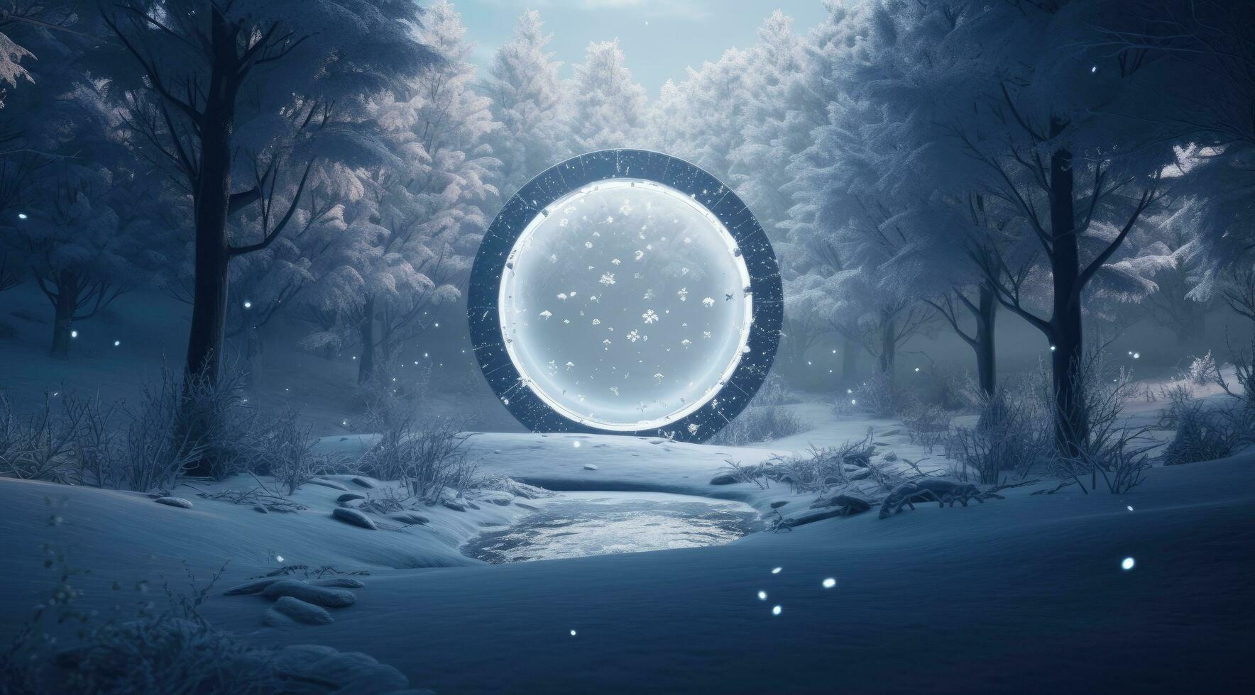 AI generated christmas frame in forest with snowflakes, photo