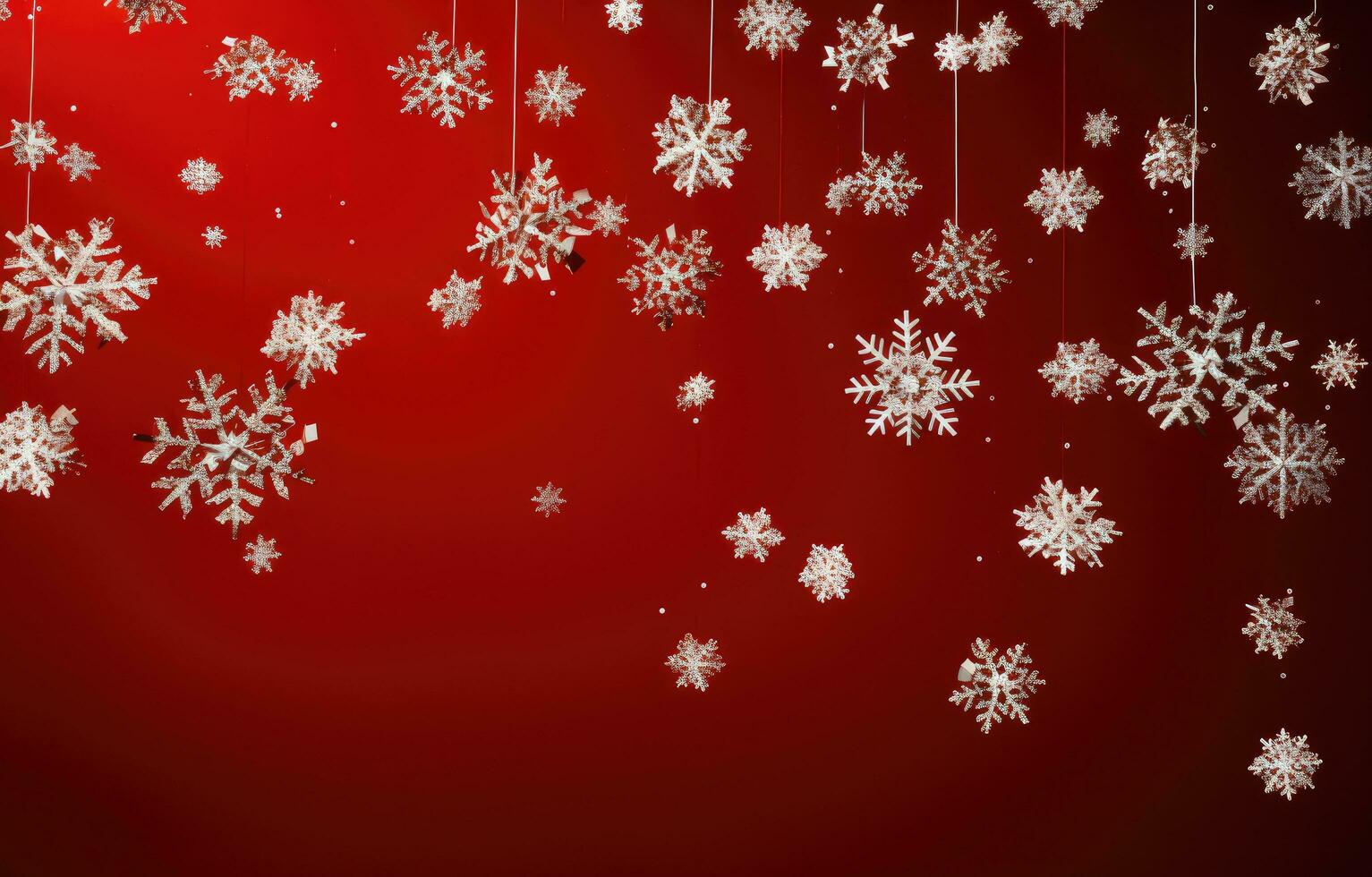 AI generated christmas snowflakes falling in red background with white snowflakes falling, photo