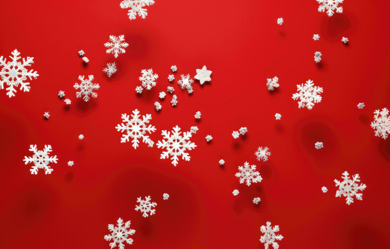 AI generated christmas snowflakes falling in red background with white snowflakes falling, photo