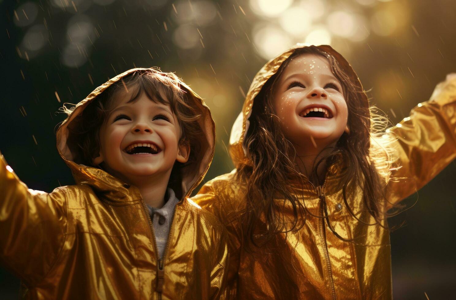 AI generated children in raincoats enjoying themselves, photo