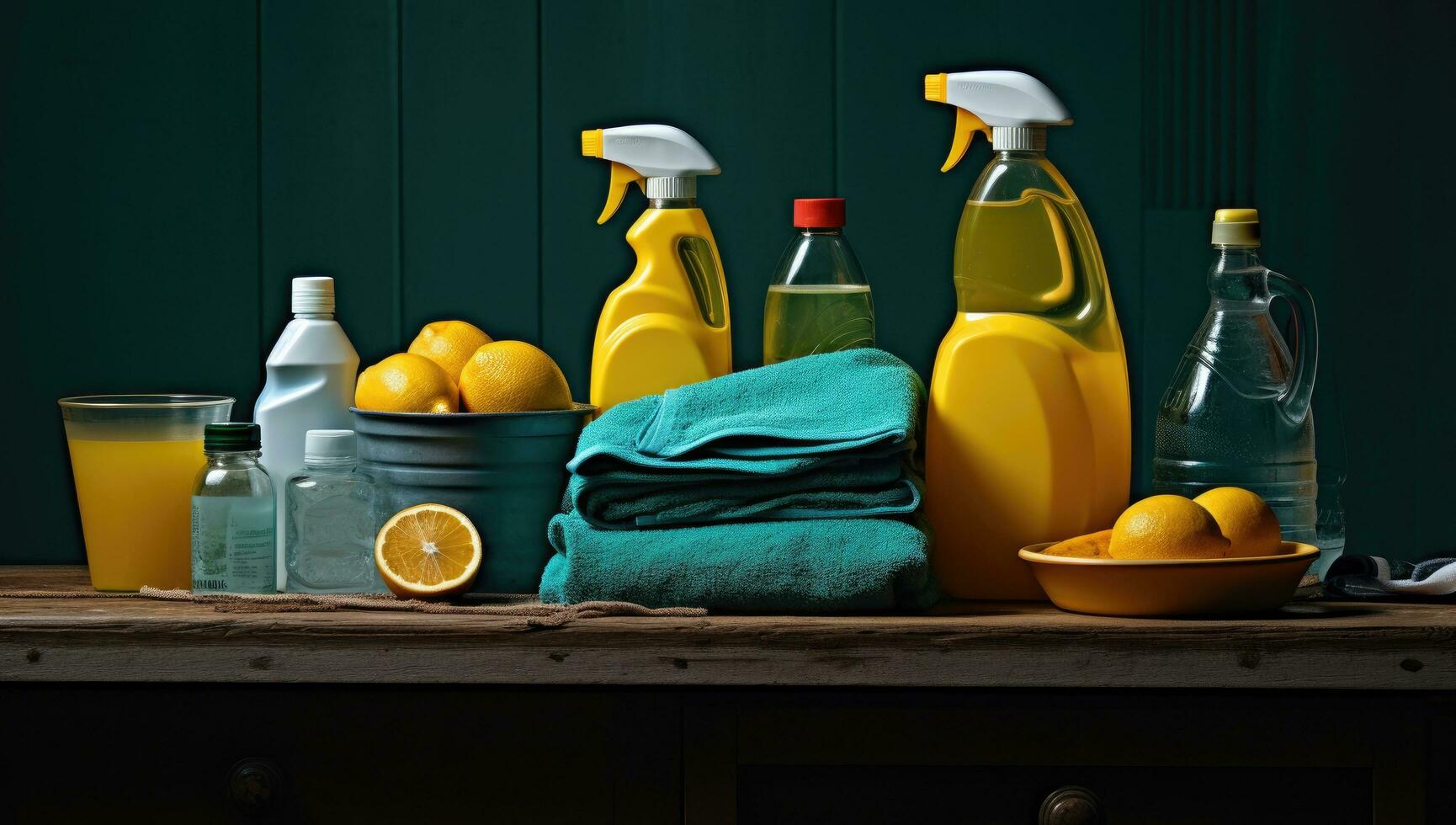 AI generated cleaning supplies on a board in a kitchen, photo