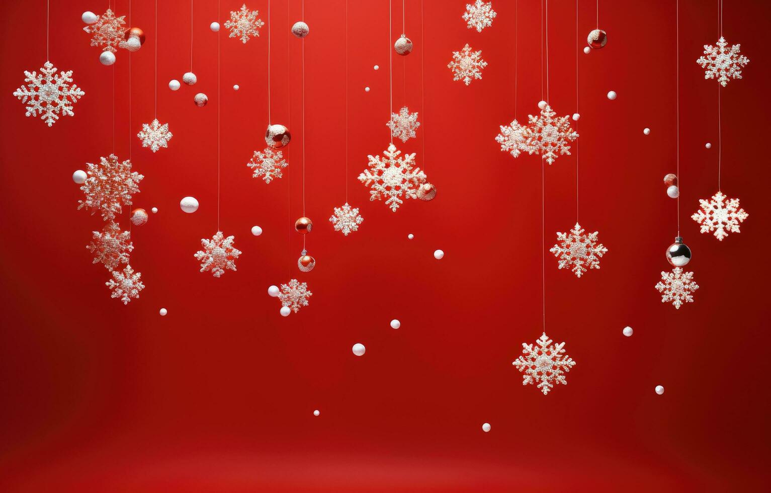 AI generated christmas snowflakes falling in red background with white snowflakes falling, photo