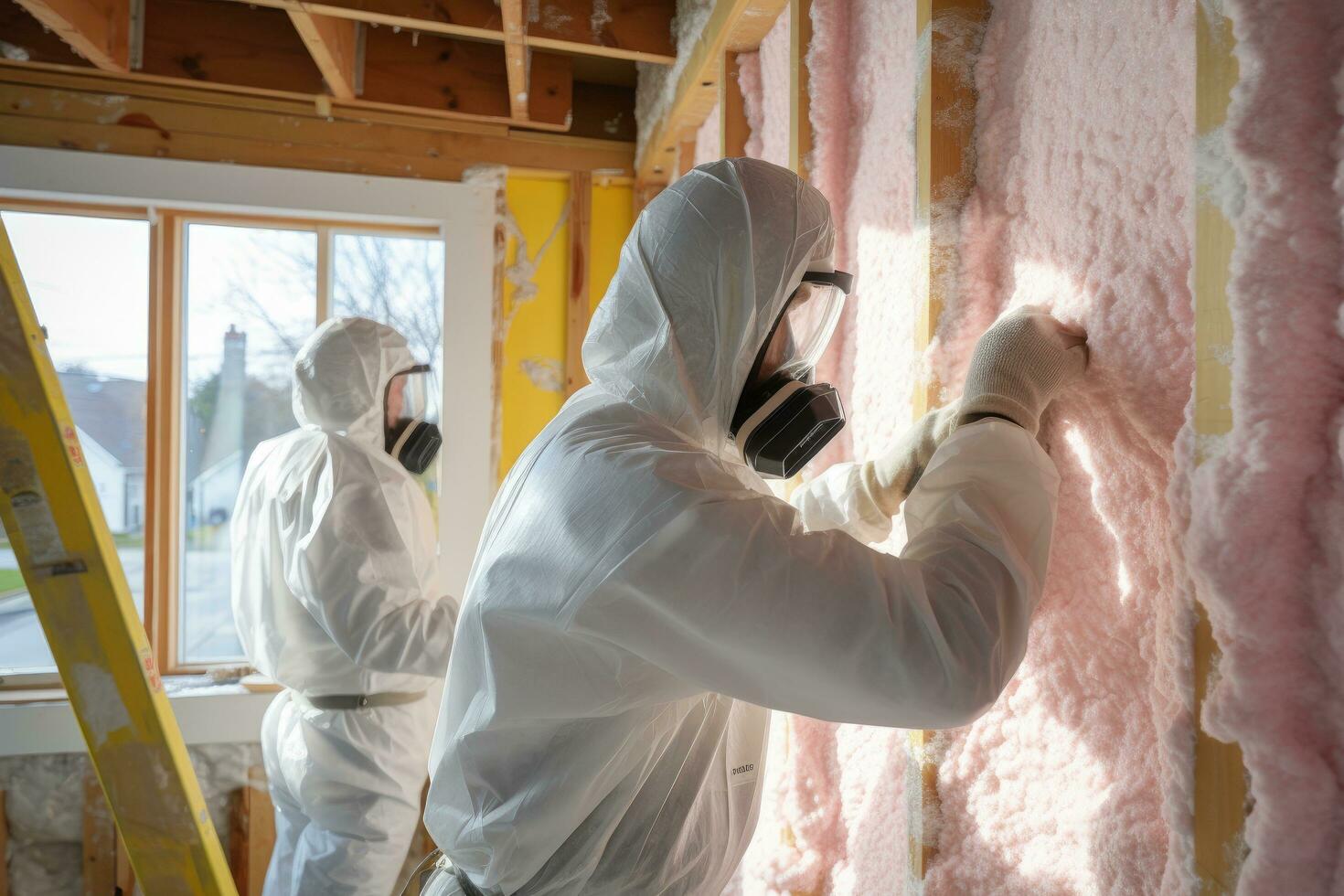 AI generated Worker in protective suit painting wall of new house with paint roller, A construction crew installing insulation in the walls of a residential property, AI Generated photo