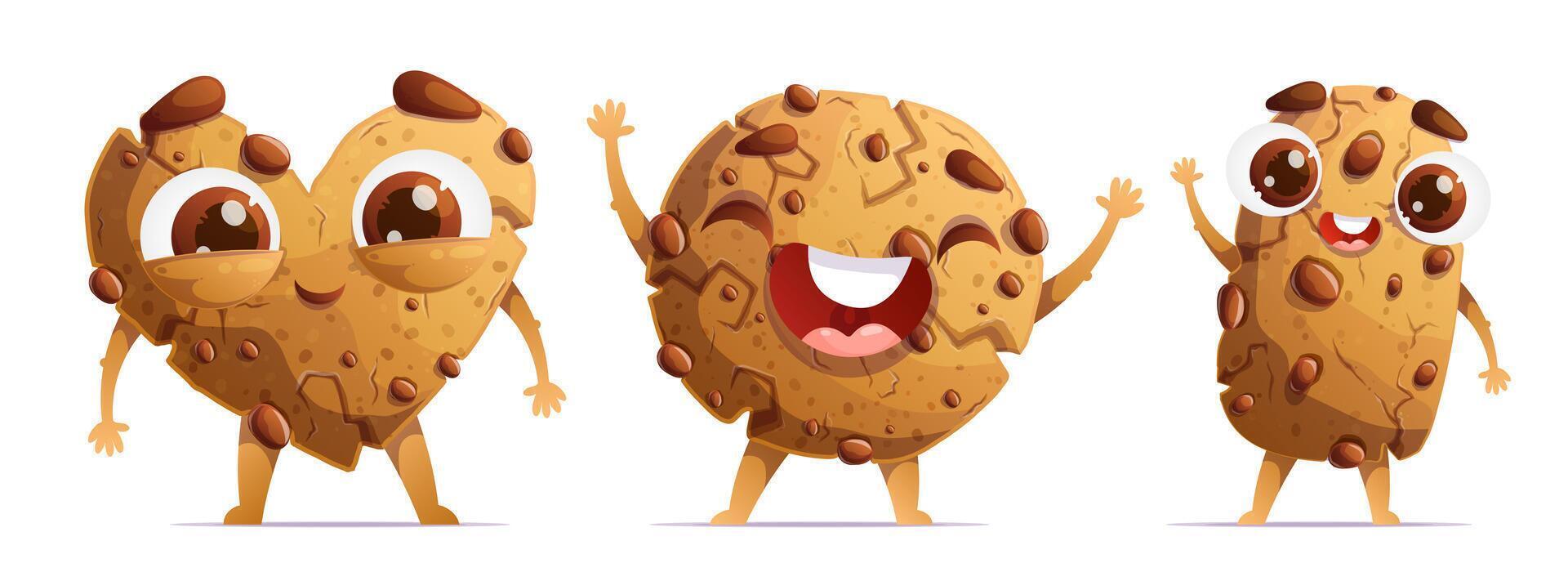 A set of three cute cartoon chocolate cookies. Emotional characters, detailed traditional chocolate chip cookies, showing cuteness, joy and greeting. vector