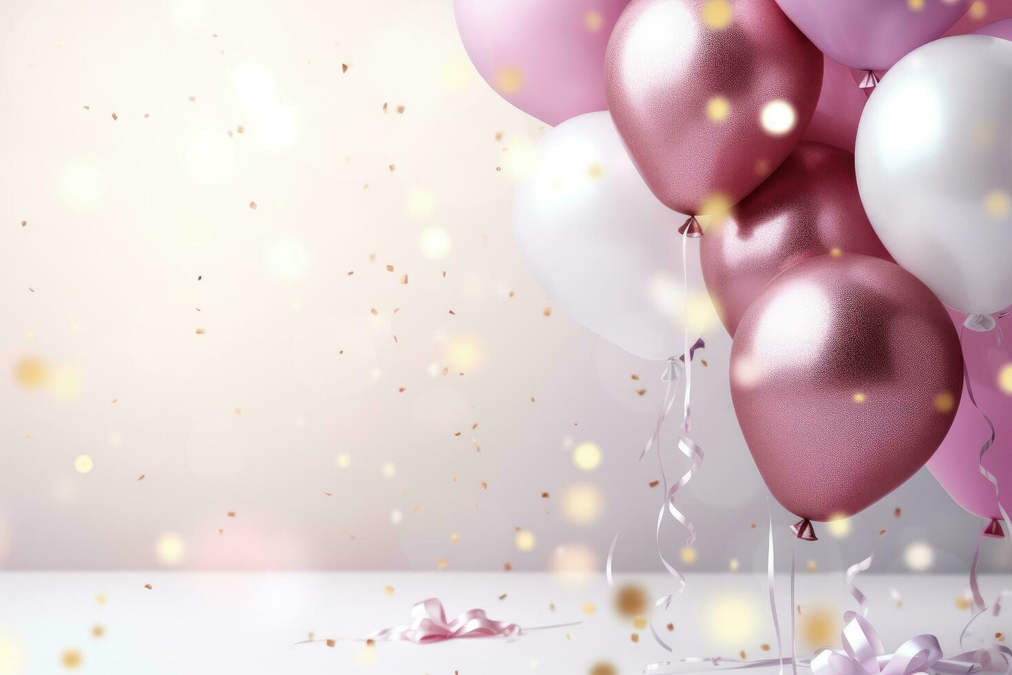 AI generated Pink and white balloons with confetti and ribbons on a white background, 3D realistic air balloons alongside sparkling glitter confetti elements, AI Generated photo