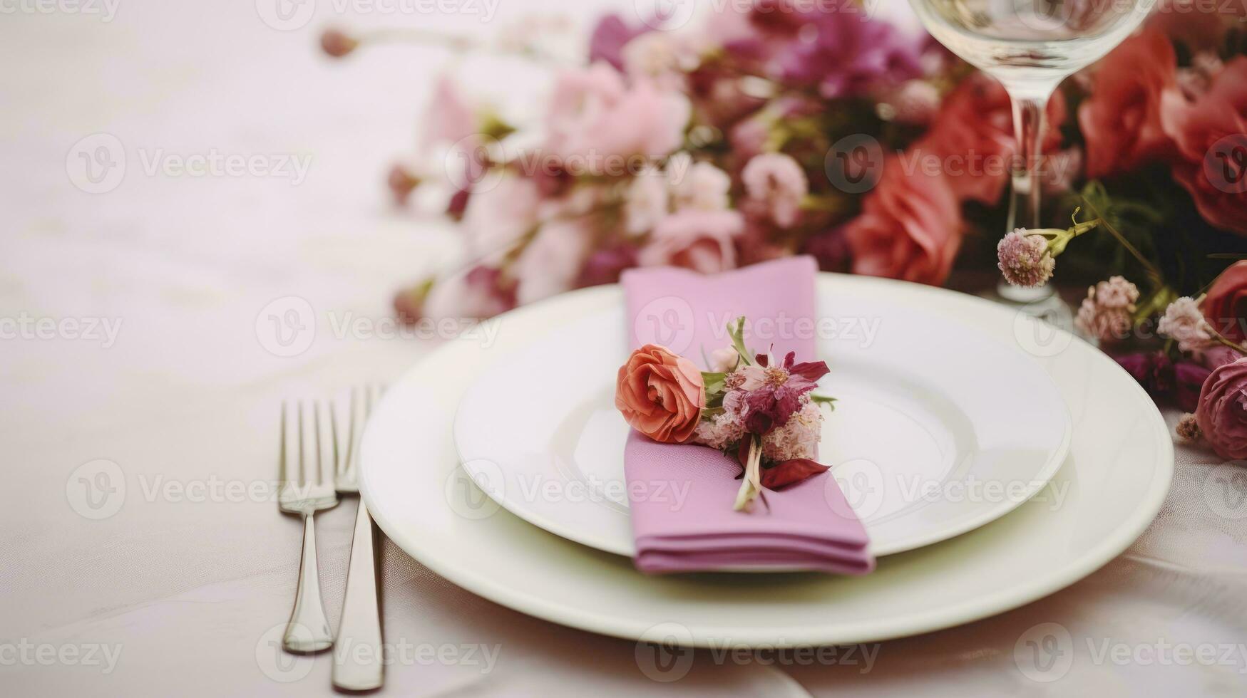 AI generated Capturing the Charm of a Wedding Party Table Setting with Flower-Adorned Plate and Cutlery photo