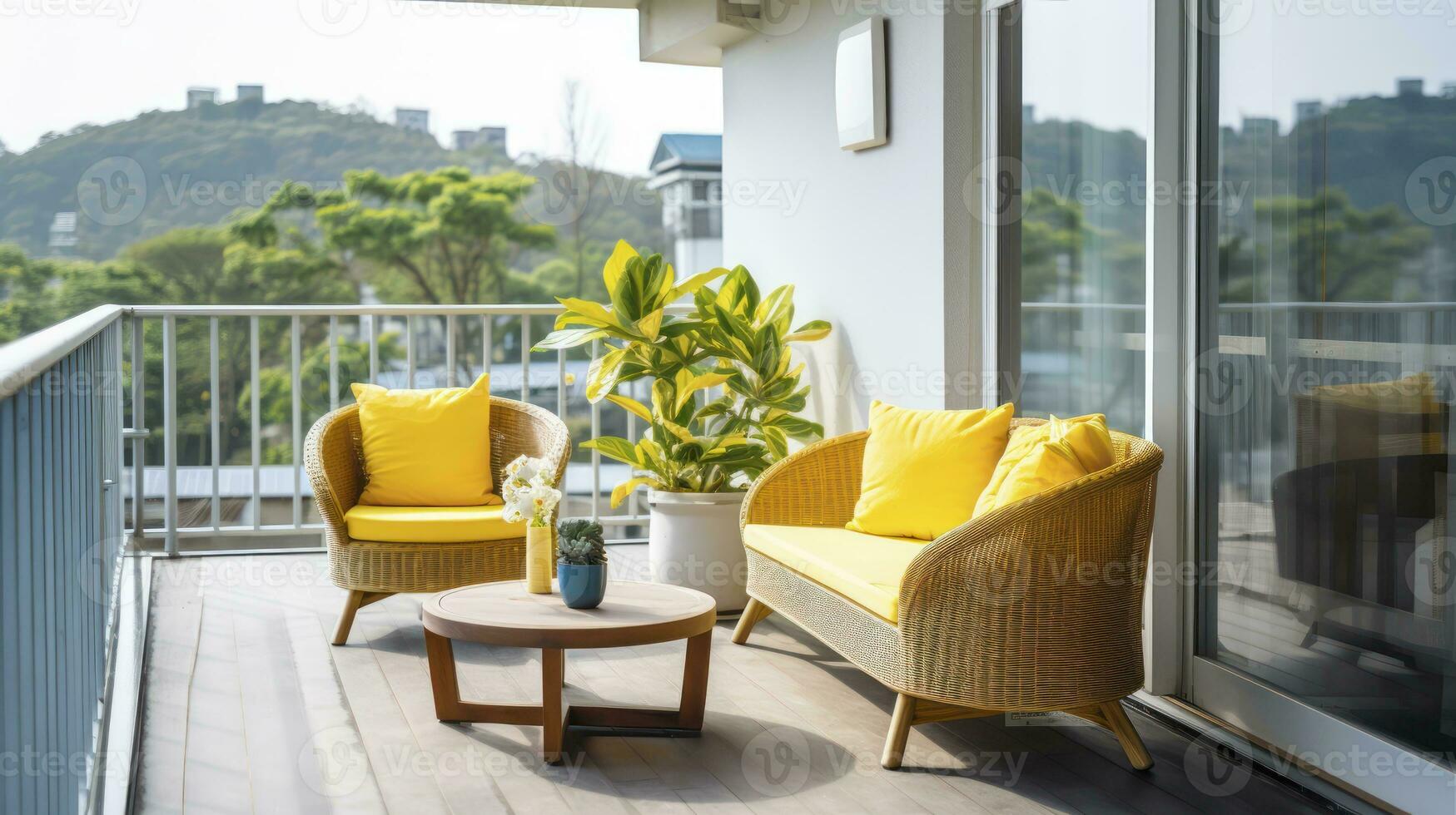 ai generado elaboración un moderno oasis con elegante mueble y decoración en un balcón foto