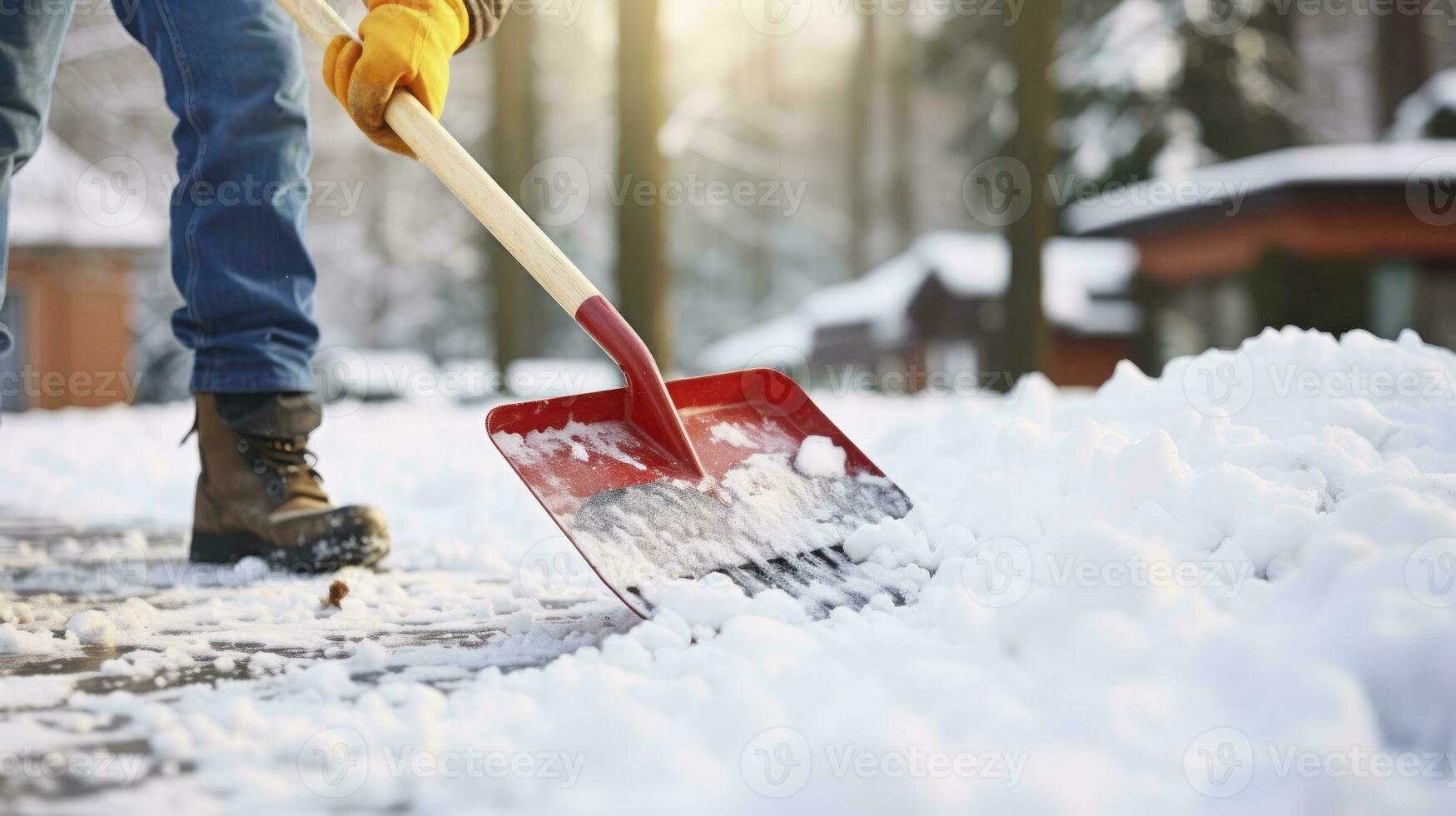 AI generated A Man's Endeavor to Clear Snow with a Shovel During a Winter Day photo