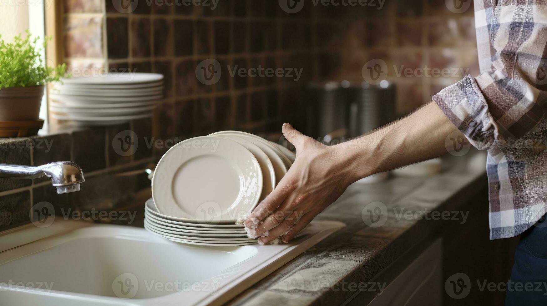 ai generado del hombre mano limpiar con toalla un limpiar plato después Lavado todas el platos con lavavajillas líquido en el Clásico cocina foto