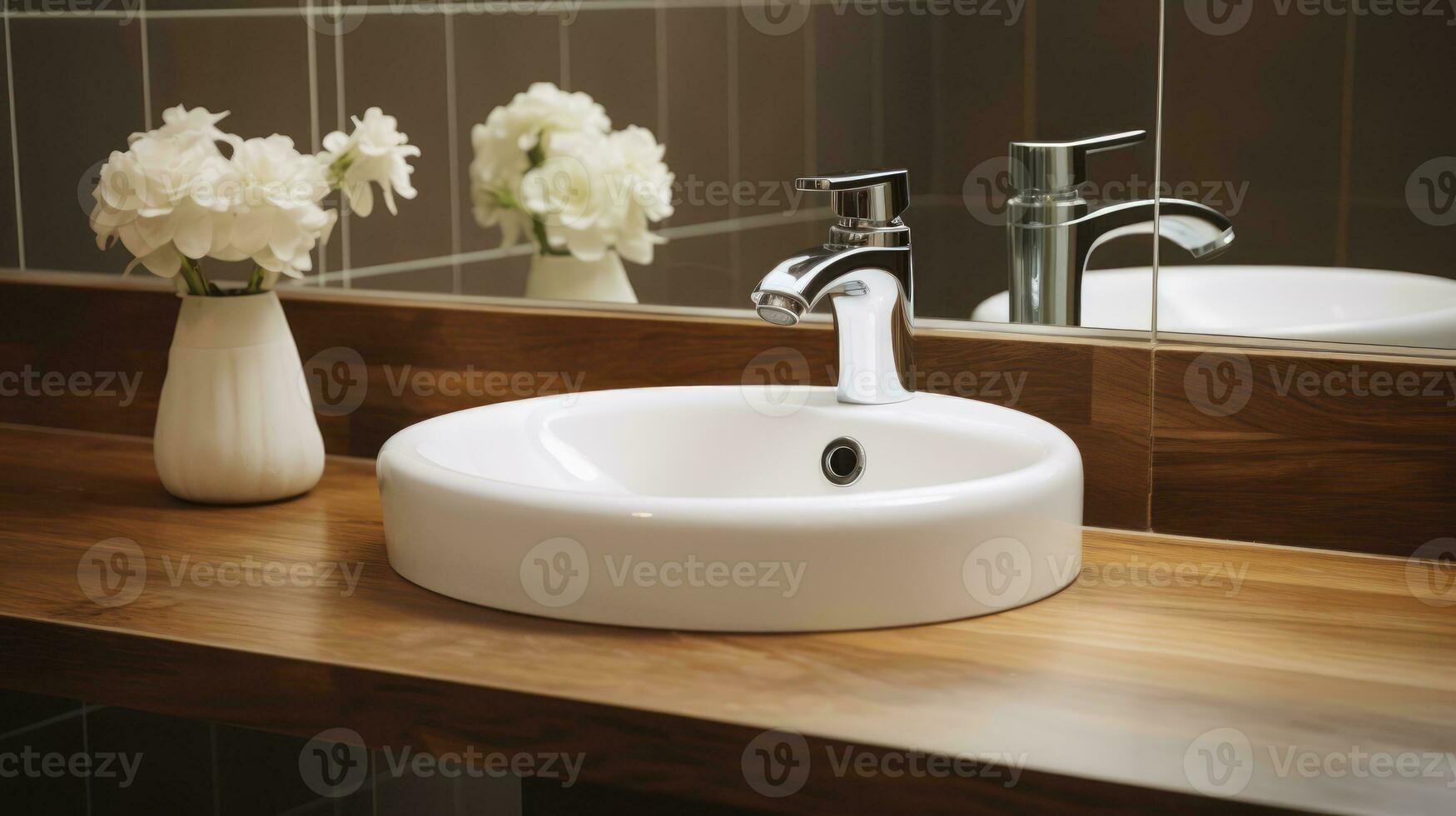 ai generado un prístino blanco oval lavabo con un acero grifo, conjunto en un de madera mesa en un spa baño foto