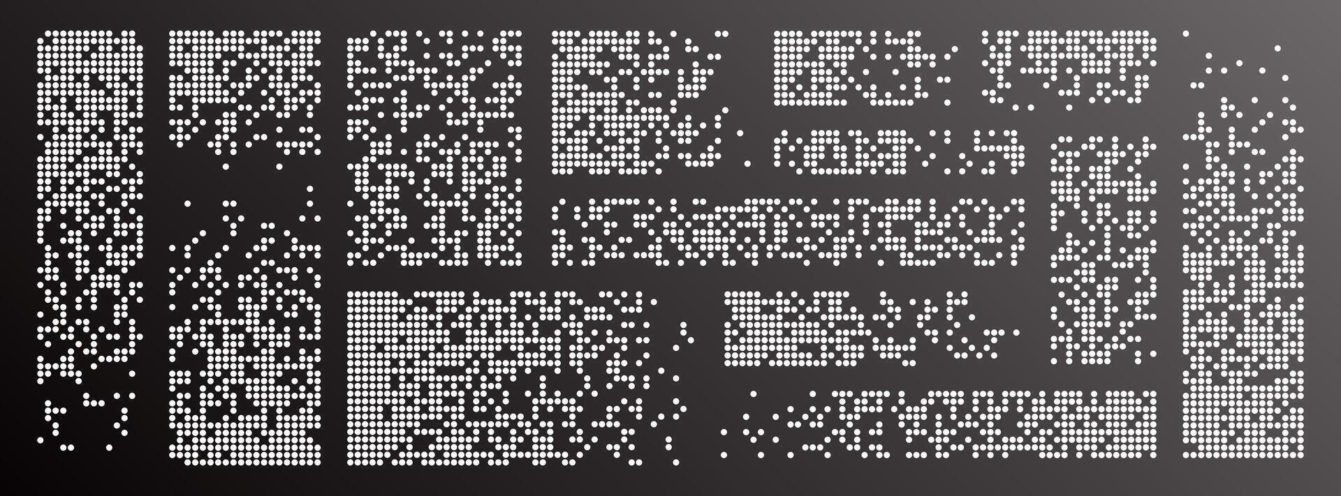 Pixel decay background. Scattered dotted pattern. Decay effect. Set pixel mosaic textures with simple round particles. illustration on a black background. vector