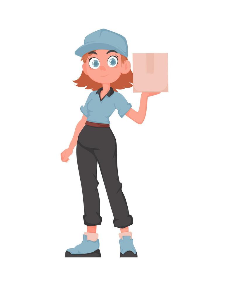 Smiling Delivery Girl with Package in Blue Uniform. Cheerful Female Courier Holding Paper Box. Cartoon Illustration. vector