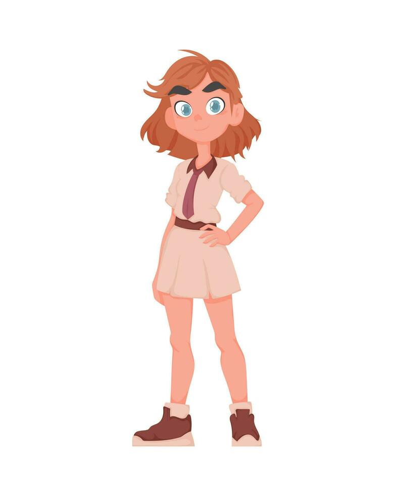 un rojo peludo Adolescente niña en un beige y marrón colegio uniforme. el estudiante es posando dibujos animados vector estilo.