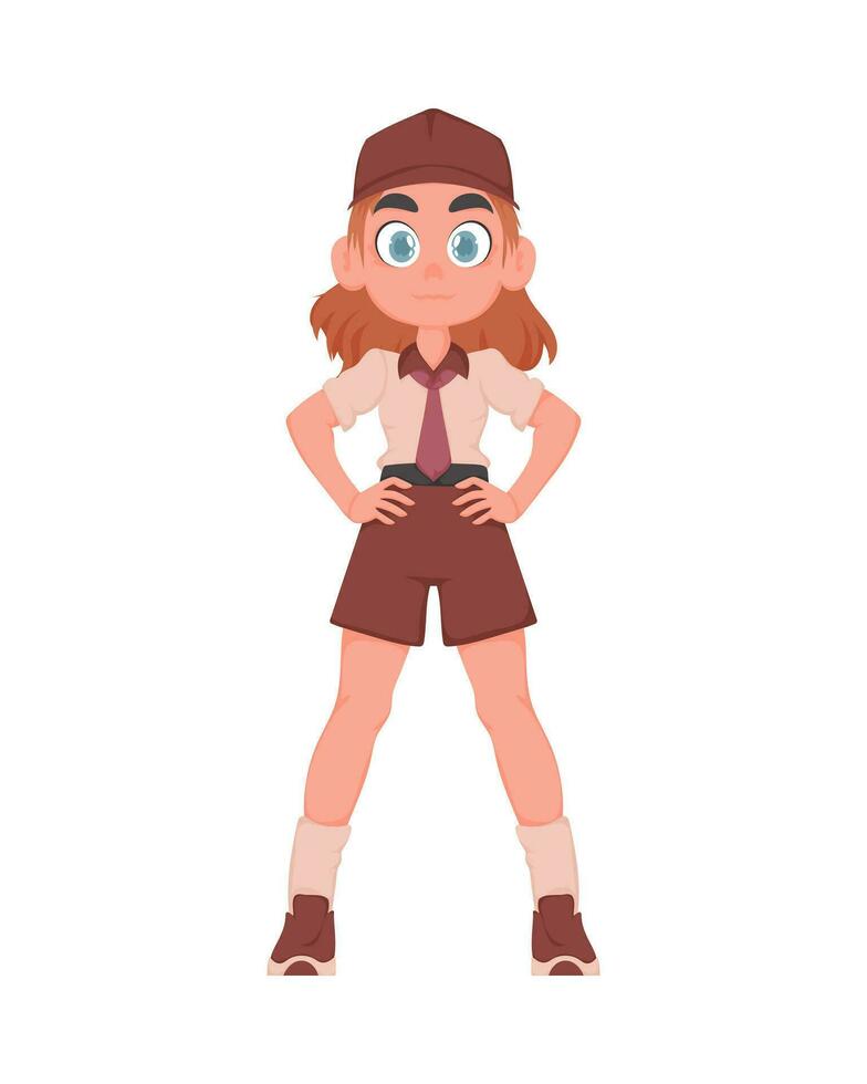 A red haired teenage girl in a beige and brown school uniform. The student is posing. Cartoon vector style.