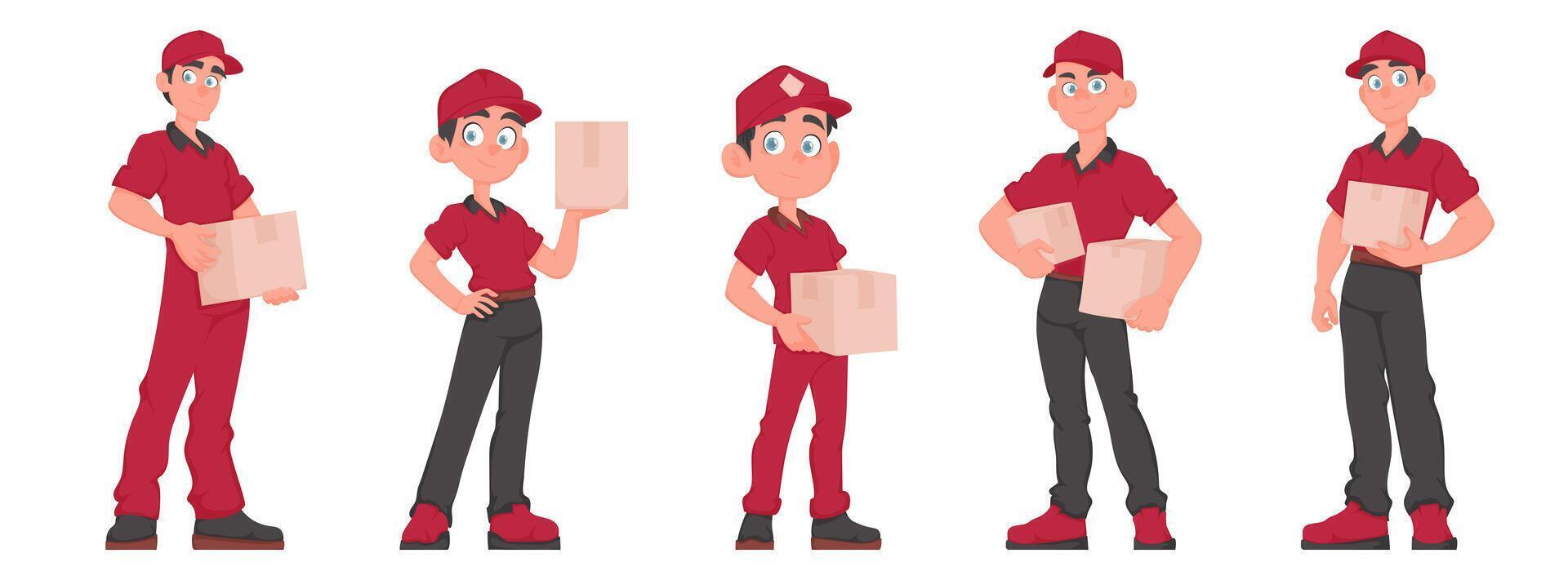 alegre equipo de cinco masculino mensajeros participación paquetes rojo uniforme entrega chicos con papel cajas vector dibujos animados ilustración.