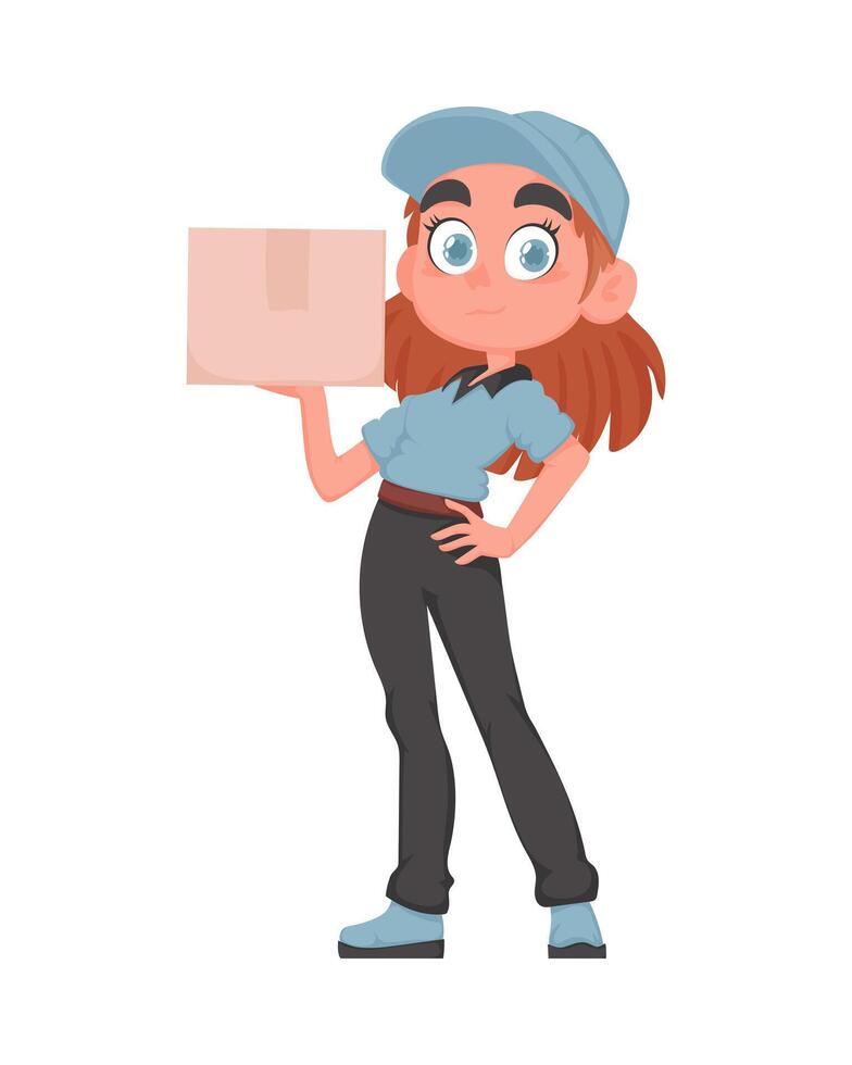 Smiling Delivery Girl with Package in Blue Uniform. Cheerful Female Courier Holding Paper Box. Cartoon Illustration. vector