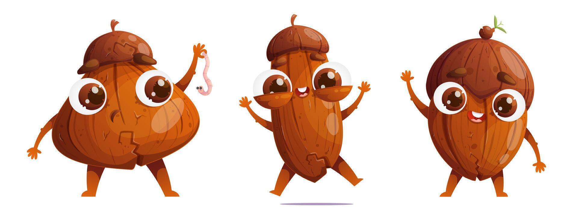 Set of three cute cartoon acorns. Emotional characters, detailed acorns with surprise, joy and hospitality. vector