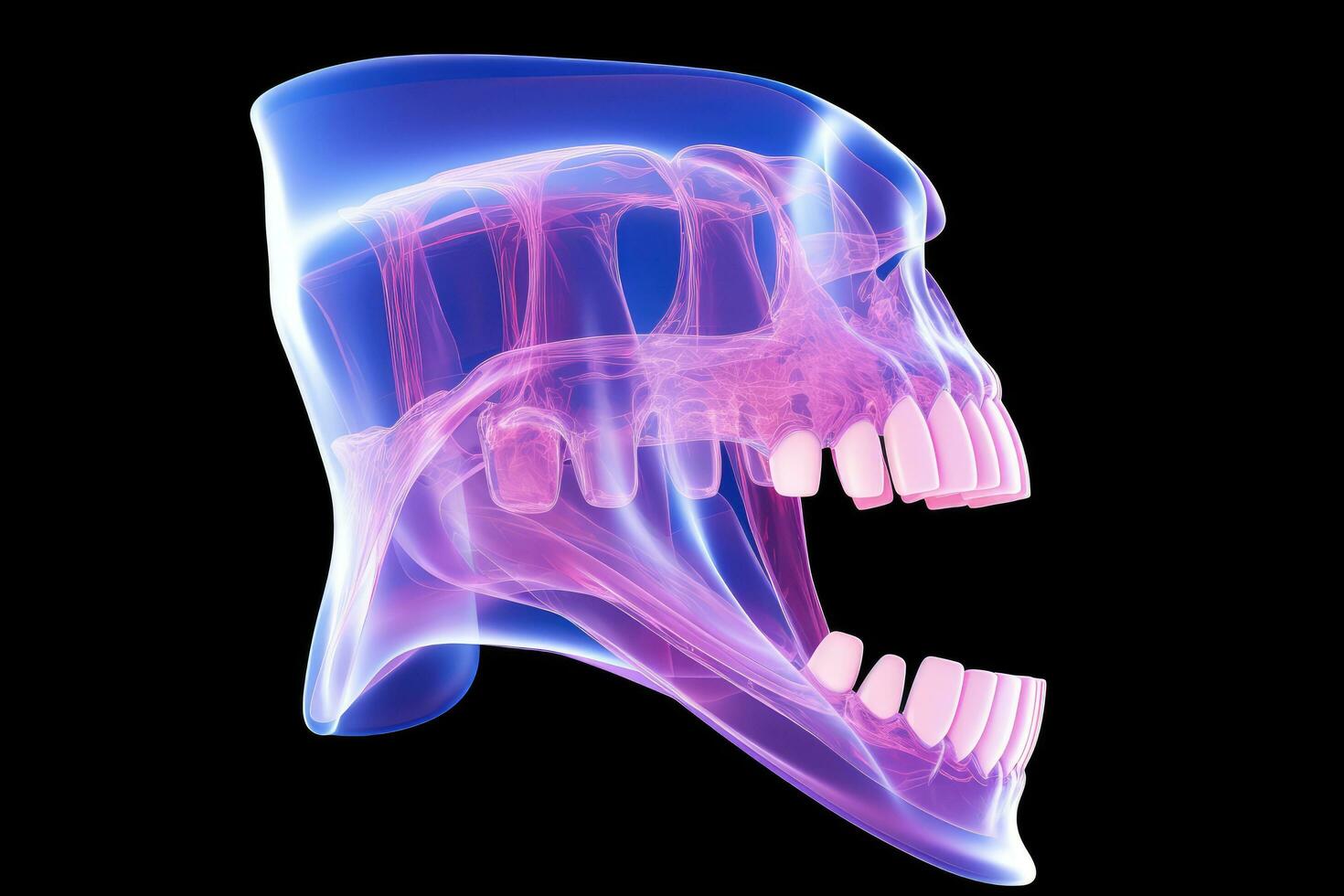 AI generated Digital illustration of  jaw bone in    colour  background, 3d render of jaw x-ray with aching tooth, AI Generated photo