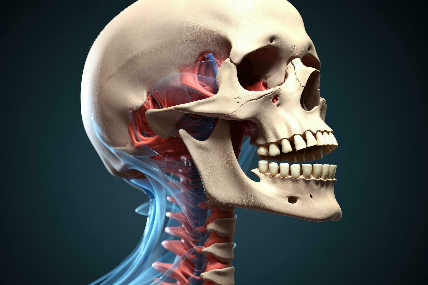 AI generated Human Skeleton Skull Anatomy For Medical Concept 3D Illustration, 3d medical illustration of a man's skull and cervical spine, jaw pain, AI Generated photo