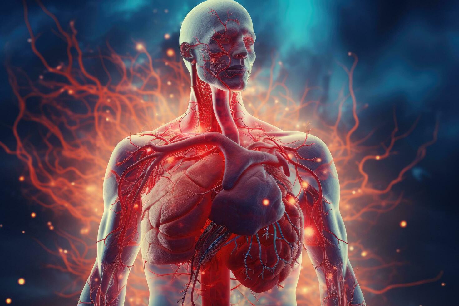 AI generated Human heart anatomy with blood vessels. 3d illustration. Elements of this image furnished by NASA, 3d medical illustration of a man's cardiovascular system, AI Generated photo