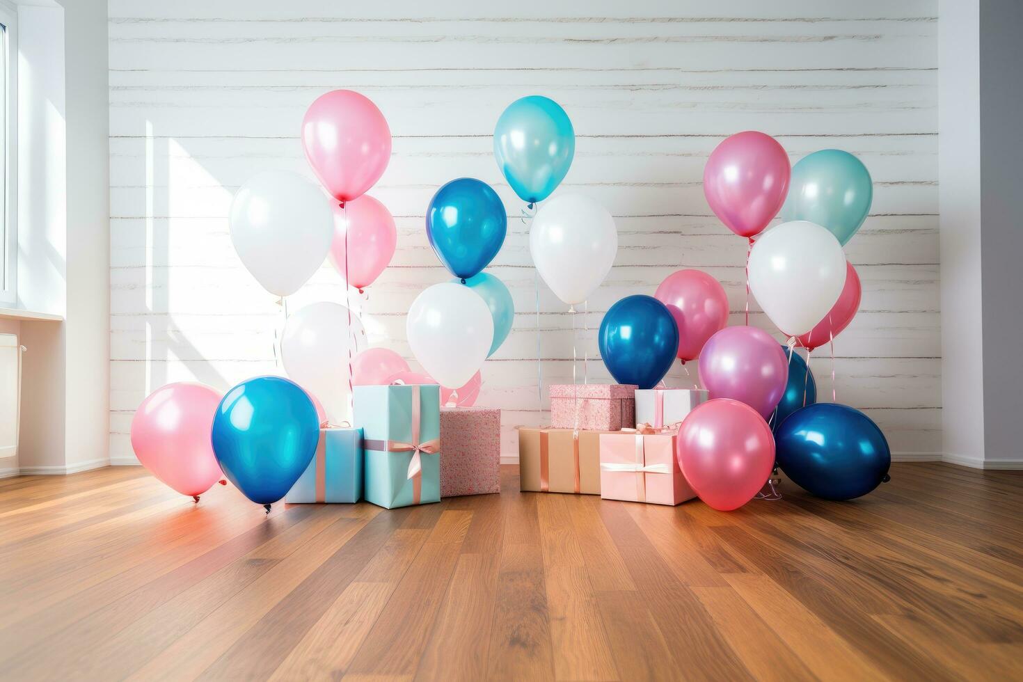 ai generado vistoso globos y regalo cajas en de madera piso en habitación. cumpleaños fiesta concepto, un vistoso género revelar celebracion con globos y regalos en un de madera piso, ai generado foto