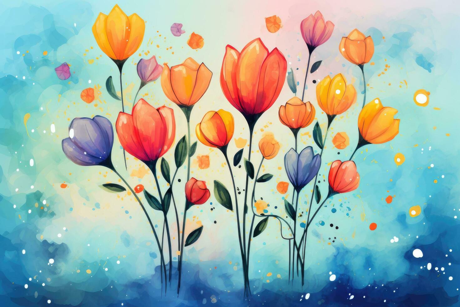 AI generated Watercolor spring background with tulips. Hand drawn vector illustration, A colorful card with balloons and flowers, AI Generated photo