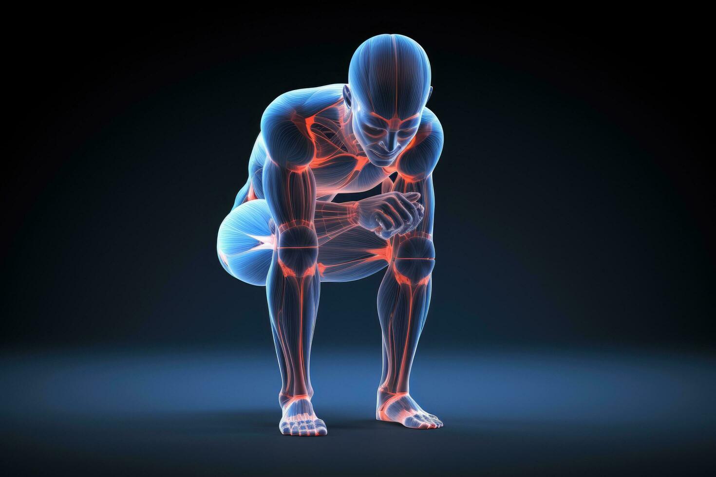 AI generated 3D Illustration of Male Feeling the Pain in the Muscles, 3d rendered illustration of a body, knee pain, AI Generated photo