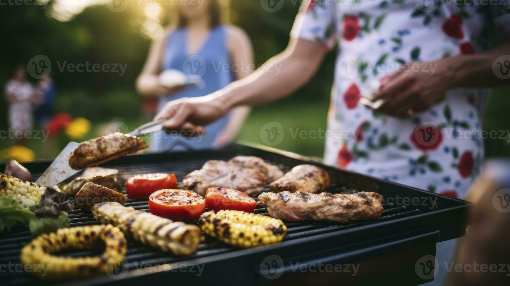 AI generated Flames of Togetherness. Celebrating Family Moments at a Garden Grill photo