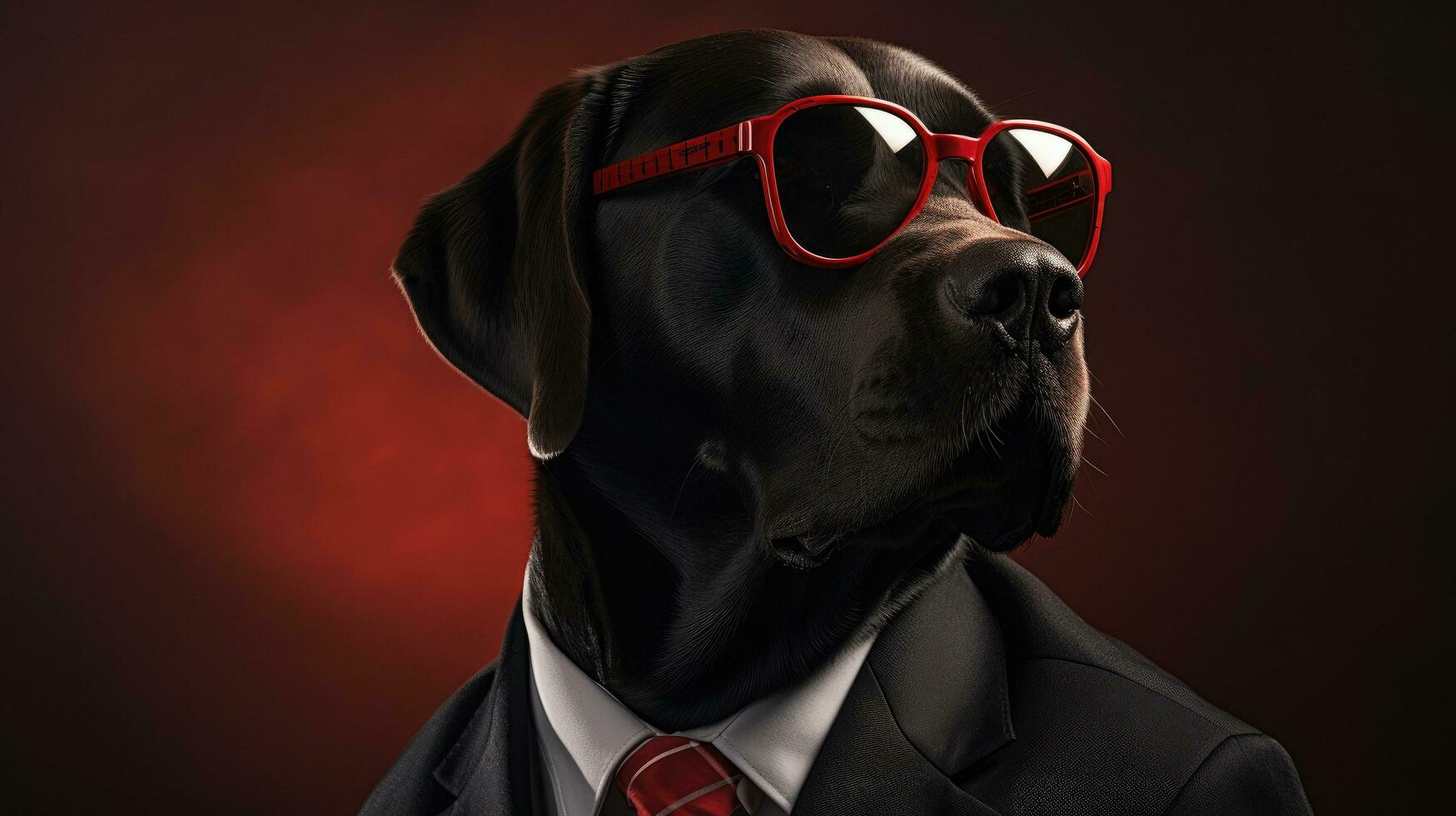 AI generated black lab wear sunglasses over red tie in black outfit, photo