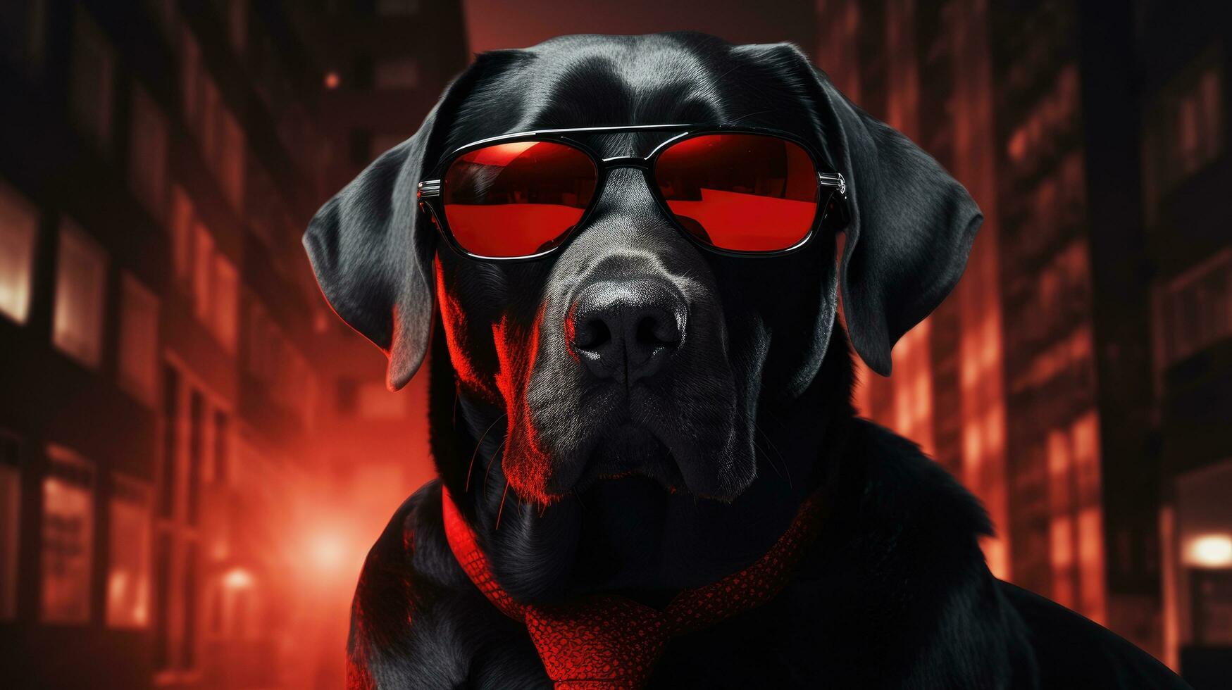AI generated black lab wear sunglasses over red tie in black outfit, photo