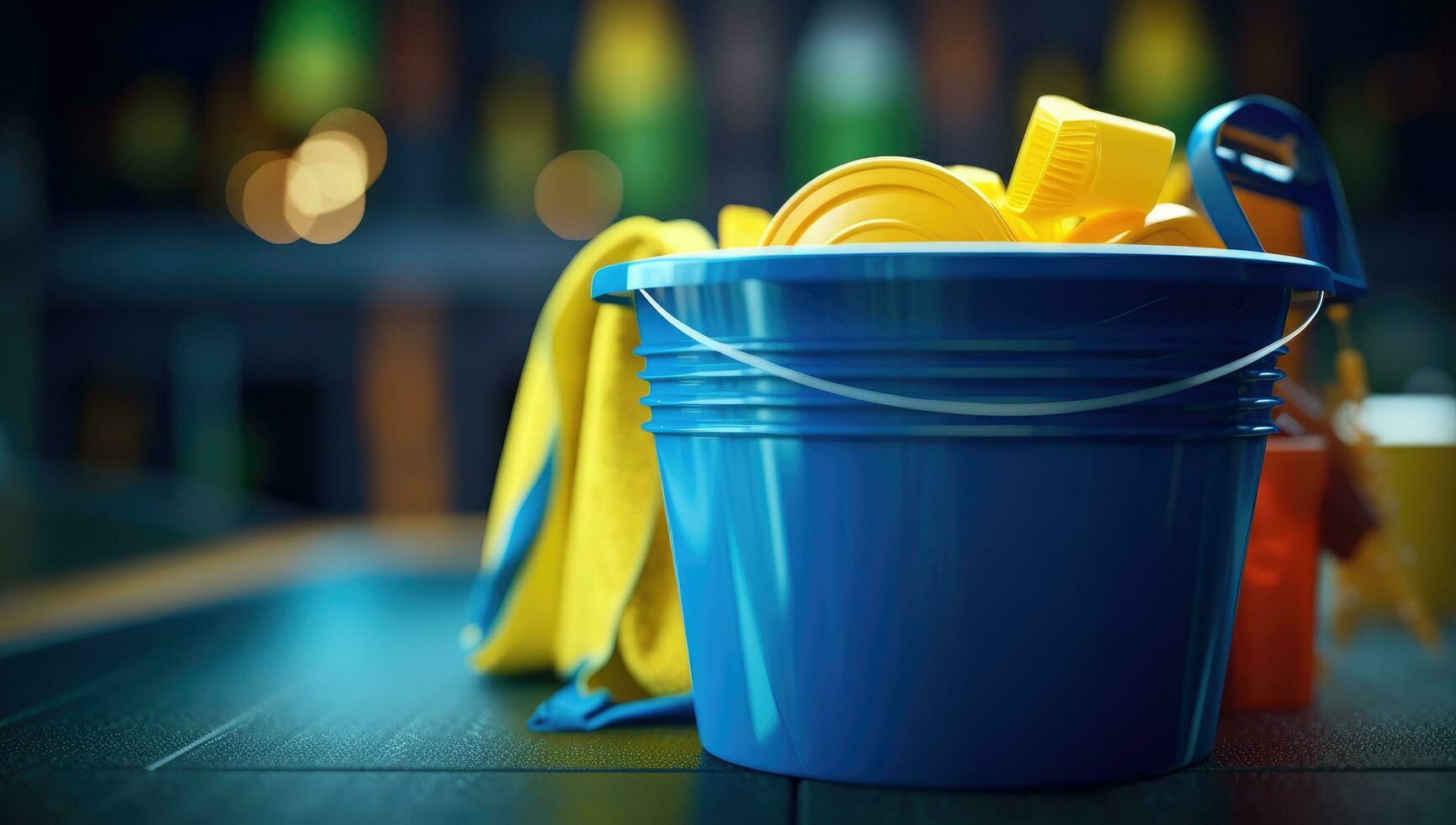 AI generated blue bucket of clean cleaning products on the table, photo