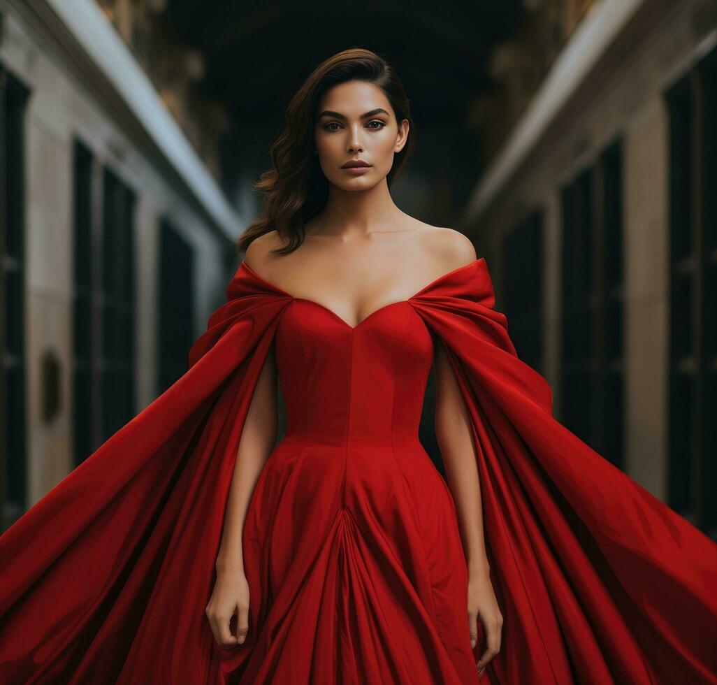 AI generated beautiful woman standing in a red gown, photo