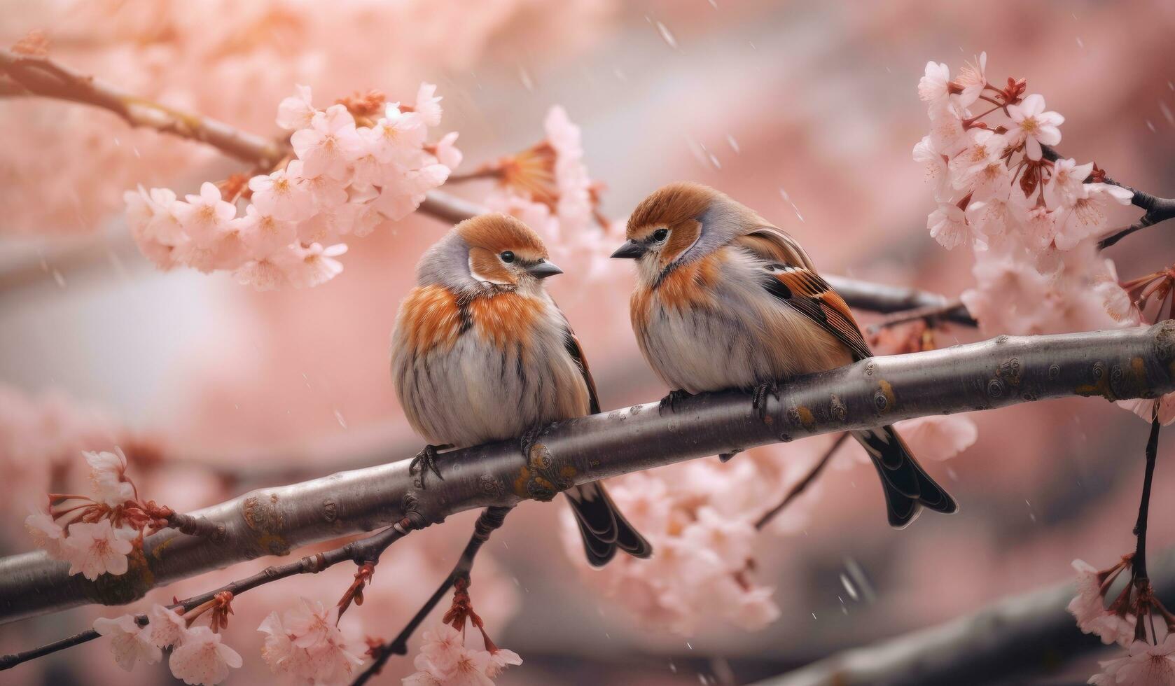 AI generated birds on the branch against cherry blossom blossoms, photo