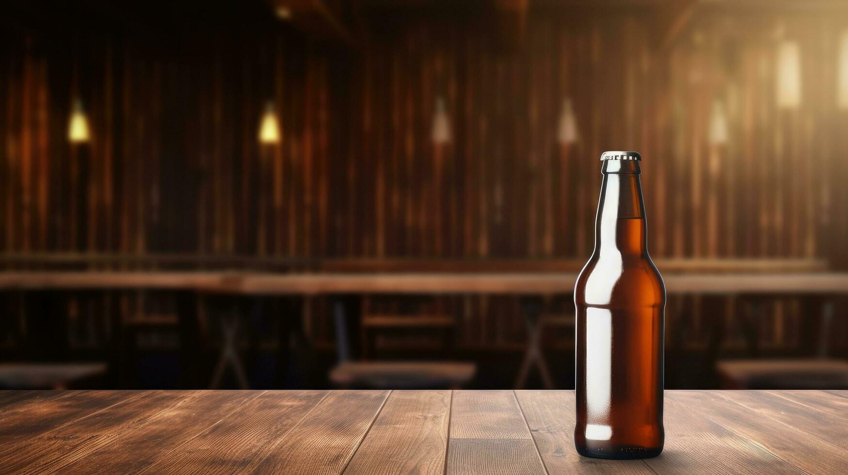 ai generado cerveza botella con blanco frente, realista en un Bosquejo modelo en un de madera mesa en un irlandesa pub foto