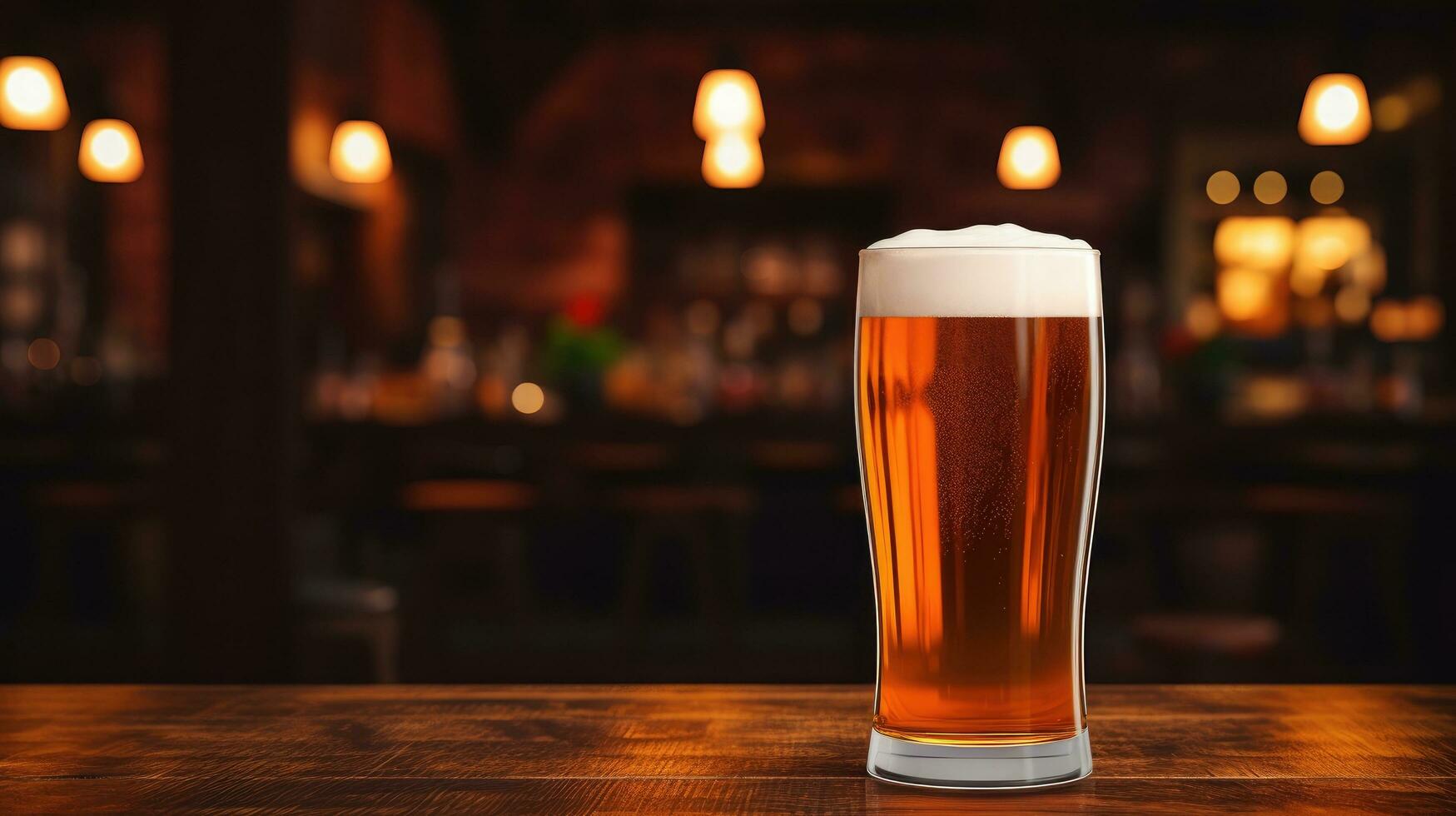 AI generated beer glass with blank front, realistic on a mockup template in a wooden table in a irish pub photo
