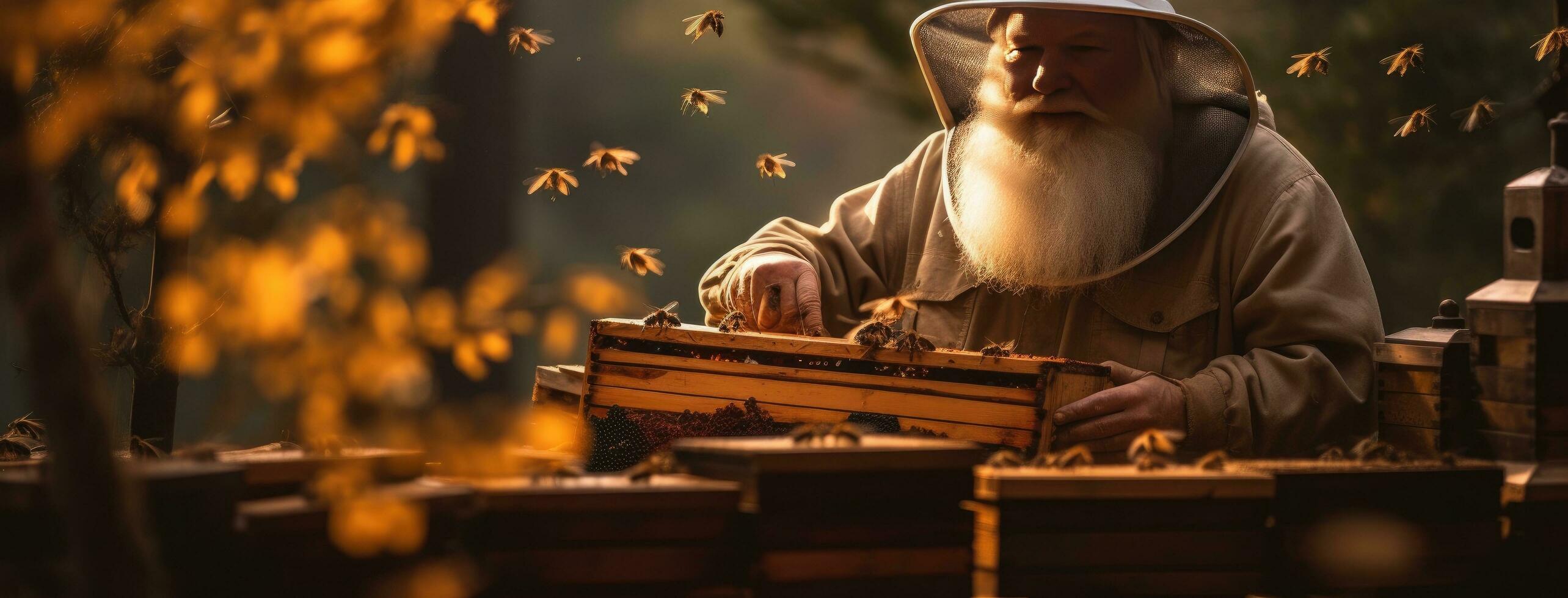 AI generated an old beekeeper in an autumn forest holding bee hives, photo