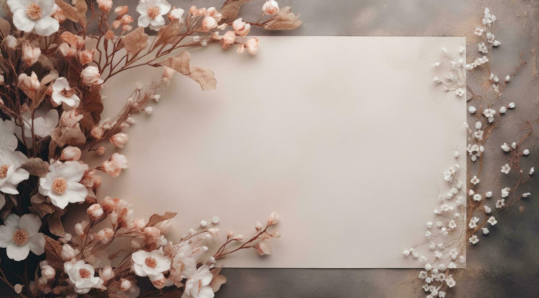 AI generated an empty paper with white flowers for wedding invitation or blank paper on gray background, photo